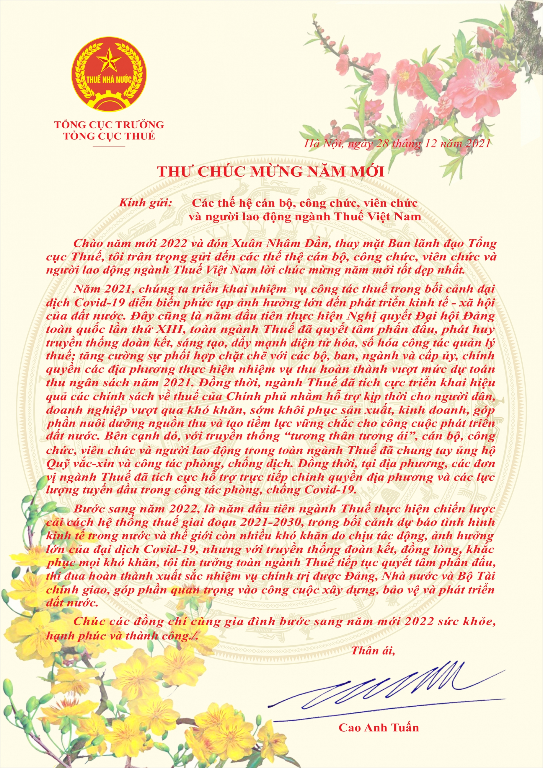 Thư Chúc Mừng Năm Mới Của Tổng Cục Trưởng Tổng Cục Thuế Năm 2022